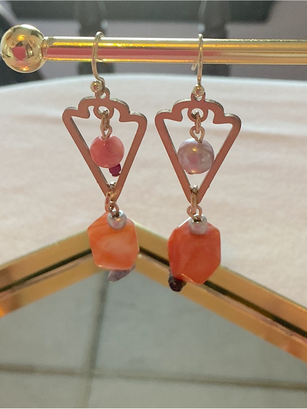 Gold-Tone Triangle Drop Earrings with Quartz and Lavender Pearl Beads